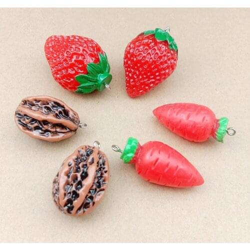 Free Shipping 20pcs 3D Colorful Resin DIY Jewelry Charms Fruit Strawberry Carrot Walnut Earring Necklace Bracelet Pendants
