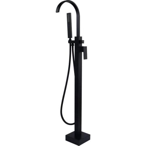 Free ship Solid Black Floor Mounted Bathtub shower Mixer Faucet & Handheld Shower Square design