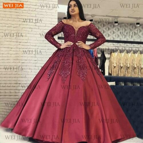 Burgundy Beading Evening Gowns 2021 Long Sleeves Vestito Da Festa Di Nozze Lace Up Women Dresses For Party Rrobe De Soirée Femme