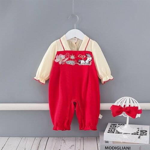 Baby Romper Full Sleeve Girls Clothes One-Piece Embroidery Autumn Girls Jumpsuits with Hairband Red 0-2Y
