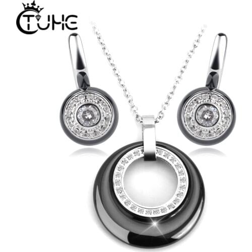 Elegant Wedding Crystal Geometic Jewelry Sets for Women Healthy Never Fade Ceramic Necklace Stud Earrings Party Jewellery Gift