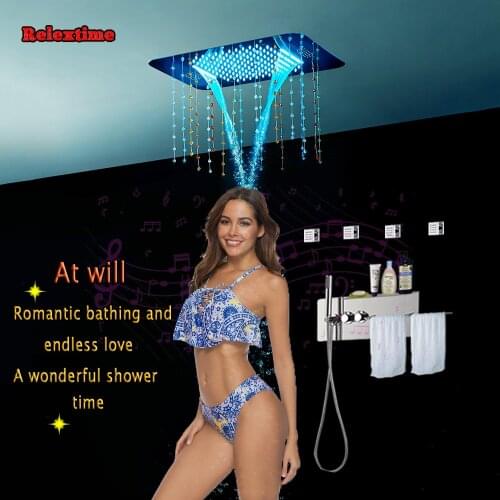 Crystal Pendant Speaker System LED Ceiling Shower Head Bathroom Shower Set Faucet Thermostatic Concealed Mixer Shelf Massage Jet