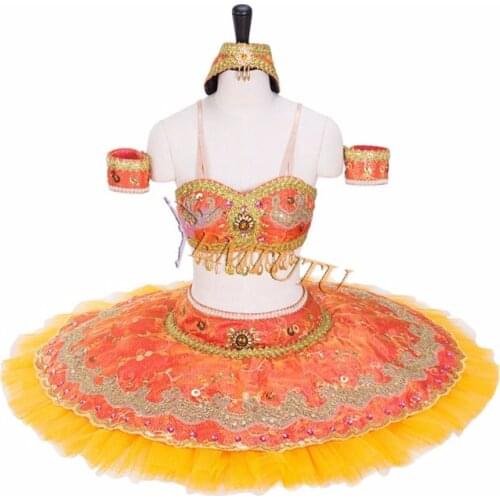 Arabic Style Two Pieces Professional Ballet Tutu Crop Top and Pancake Skirt Tutu Dress Adult Girls Orange Ballet Stage Costume