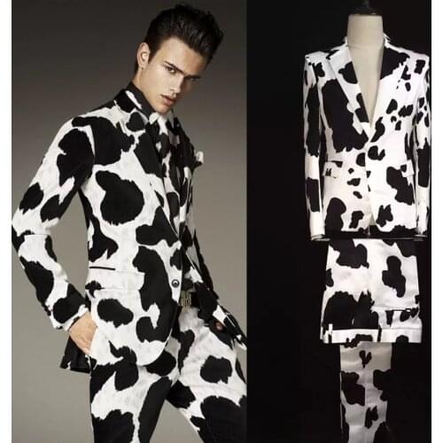 Star Style Milk Cow Pattern Printed Suits Jazz Costumes Nightclub Male DJ DS Singer Stage Outfits Party Show Dance Suits XS2437