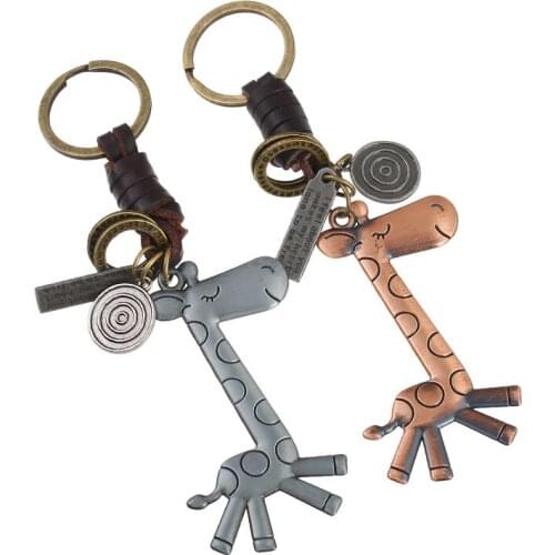 Cartoon Keychain Fashion Cute Giraffe Alloy Charms Bag Accessories Leather Ring Holder Car Key Chain Unisex Vintage Jewelry Gift