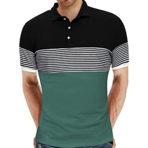 Mens Fashion Casual Lapel Short Sleeve Striped Stitching T-shirt Top