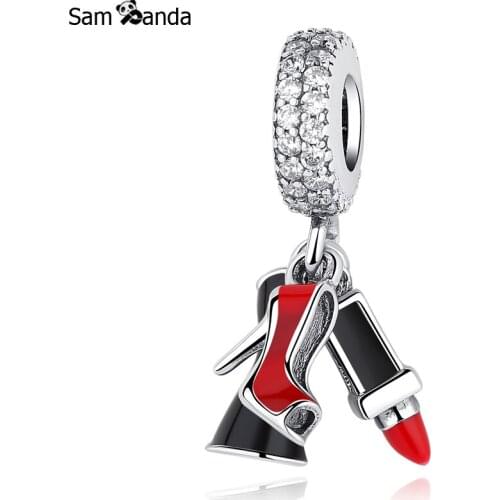Real 100% 925 Sterling Silver Beads Lipstick High-heels Crystal Pendant Charms Fit Pandora Original Bracelet Women Jewelry Gifts
