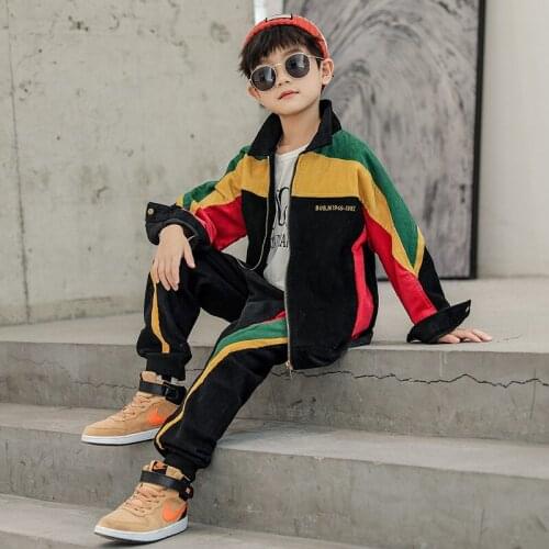 New Boys Casual Suit Boys Fashion Stitching Zipper Lapel Cardigan + Trousers Boy Jacket Pants Cover Spring And Autumn Boys Suit