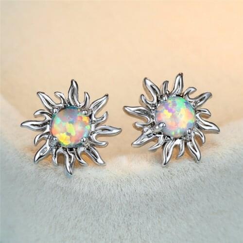 Charm Female Blue Round Opal Earrings Classic Silver Color Small Stud Earrings Trendy Bridal Sun Wedding Earrings For Women