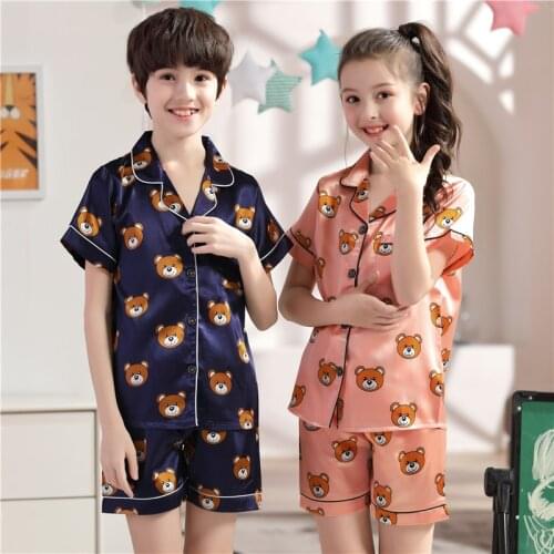 2019 new Lapel printed silk short-sleeved pajamas set girls bear cartoon childrens home wear toddler boy pajamas pjs for kids