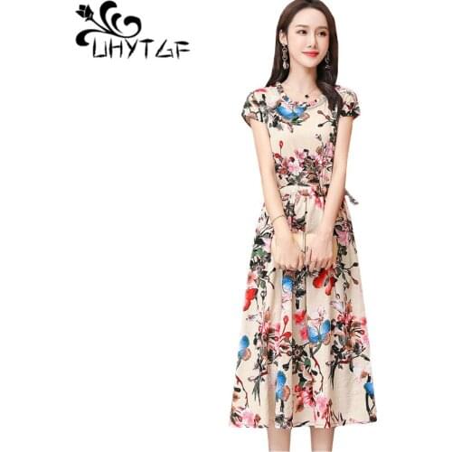 UHYTGF 6XL Plus Size Dress Women New Printed Cotton Linen Casual Mom Summer Dresses Short Sleeve Pullover Slim Female Dress 2135