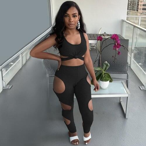 Side Hollow Out Sportswear Two Piece Set Womens Clothes Bandage Tank Tops and Skinny Legging Active Wear Workout Matching Set