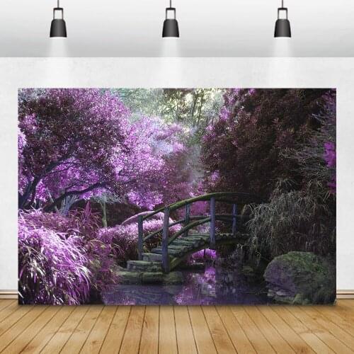 Natural Scenery Photographic Backdrops For Room Decro Flowers Wooden Bridge Rocks River Photo Background Photocall Photo Studio