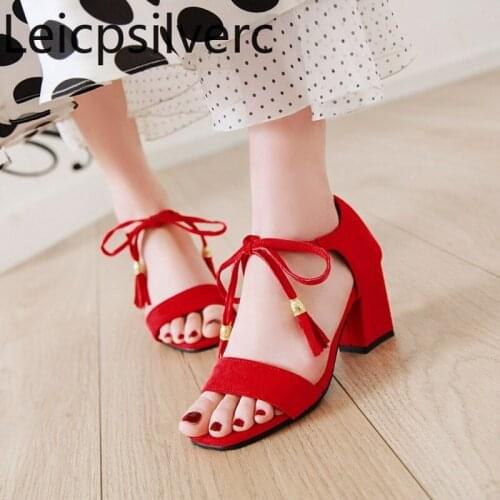 Womens Sandals summer new style fashion Flock Solid Open toe Lace-up Thick heel mid heel Womens shoes plus size 32-48