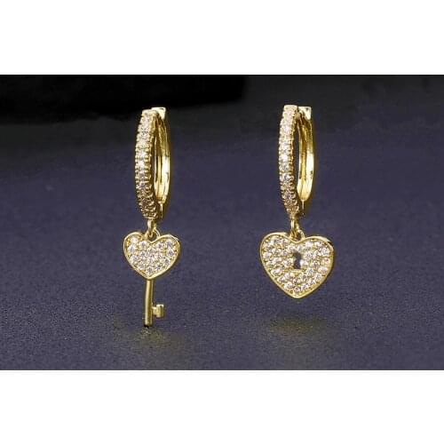 Love Heart Lock Pendant Key Earing For Women Cubic Zirconia Stainless Steel Gold Heart & Lock Key Earrings Women Jewelry Gift