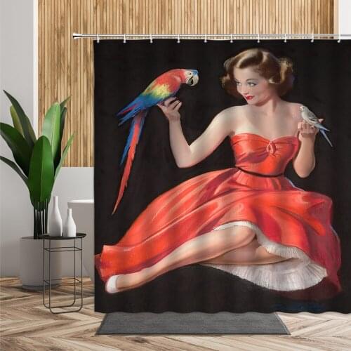 Sexy Ladies Shower Curtains Beauty Color Parrot 3D Printing Home Curtain Set Waterproof Bath Screen With Hook Polyester Washable