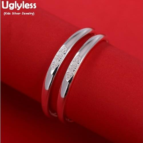 Uglyless 1 Pair Kids Real Silver Jewelry for Baby Girls Boys New Born Babies Gifts 999 Pure Silver Push-pull Adjustable Bangles