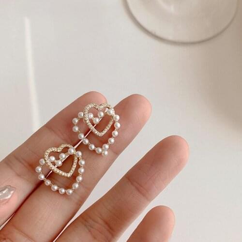 VSnow Korean Sweet Double Layer Love Heart Dangle Earring for Women Rhinestone Pearl Metal Hollow Out Earring Jewelry Pendientes