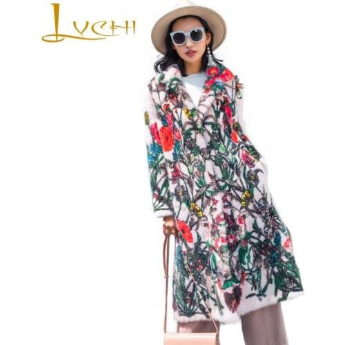 LVCHI Winter 2019 Real Mink Fur Coat Womens Long Sleeve Print Flower Coat Turn-Down Collar Long Colorful Slim Thick Mink Coats