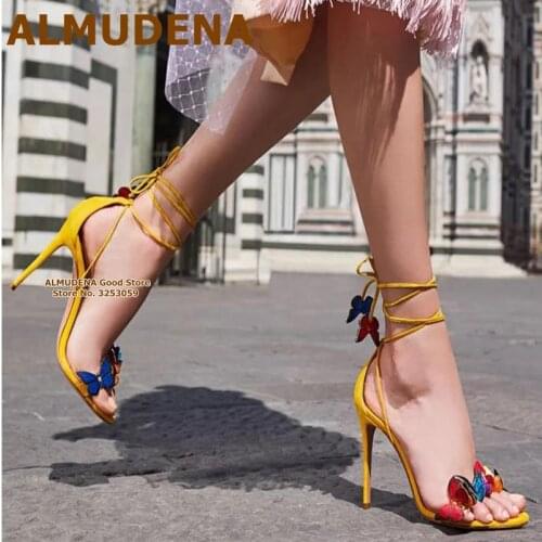 ALMUDENA Multi-color Butterfly High Heel Sandals Sweet Lace-up Stiletto Heels Wedding Shoes Women Size42 Gladiator Floral Pumps