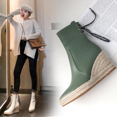 Womens high quality ankle boots womens hemp rope straw platform wedge boots womens zipper back collar autumn boots