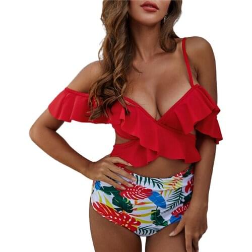 Womens Sexy Two Piece Bikini Suits Ruffles Tops and Floral High Waist Trunks Swimming Suit For Women Sexy Bikini Summer Wear