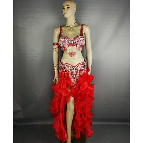 Free shipping high quality belly dance costume wear stage performance 5-piece suit Bead bra belt belly dancing skirt dress set