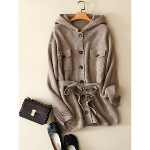100% Cashmere Safari Style Jackets for Women Parkas with Hood Single Breasted Solid Pockets Belt Design Coat Warm 2020 new