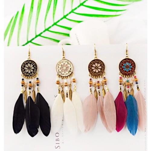 2019 Womens Ethnic Multicolor Feather Jhumka Jhumki Earrings Gypsy Flower Metal Wood Beads Indian Earrings Ladies Oorbellen