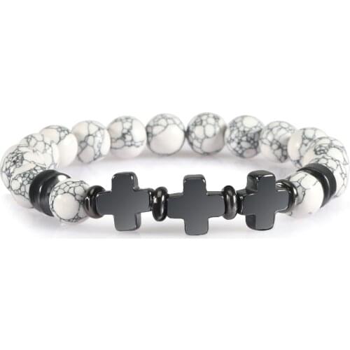 Charm Hematite Jesus Cross Natural Stone Lava Beads Bracelet for Men Women Stretch Bracelets Christian Prayer Jewelry Homme Gift