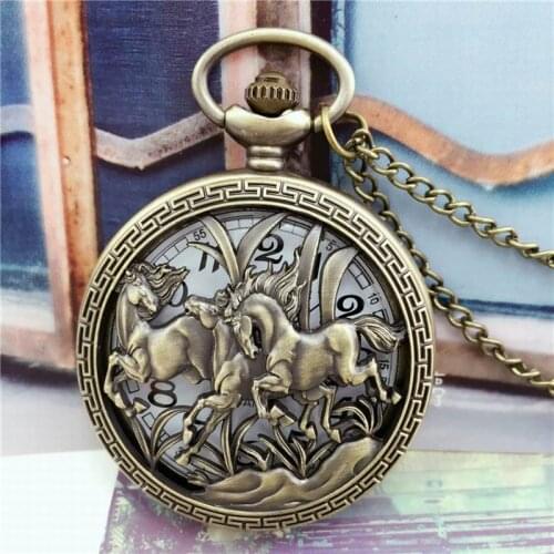 Two Horses Fob Watches Fashion Quartz Pocket Watch Vintage Necklace Pendant Clock Gift Bronze Pocket Watch Chain Necklace