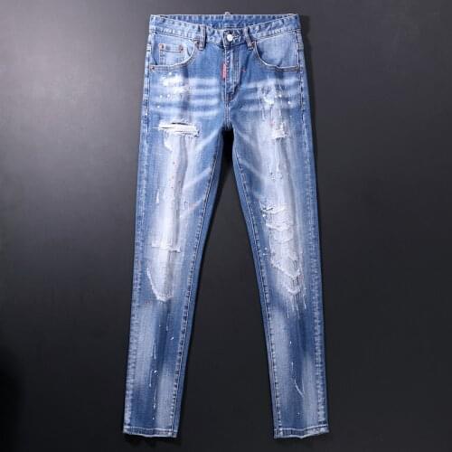 Newly Streetwear Fashion Men Jeans Retro Blue Elastic Slim Fit Ripped Jeans Men Distressed Scratch Designer Hip Hop Denim Pants