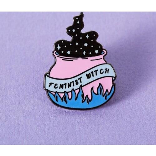 Feminist Witch Hard Enamel Pin Kawaii Cartoons Pink Magic Witchs Cauldron Black Nickel Brooch Jewelry Unique Halloween Gift