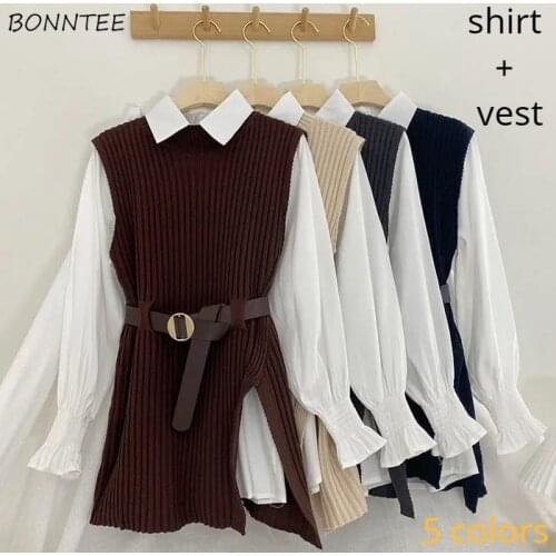 Sets Women Spring Korean Style Long Sleeve Fashion Casual Ladies Clothing All-match Solid Slim Simple College 2 Pieces Set Knit