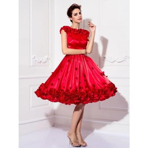 A-Line Short Floral Cocktail Party Dresses 2021 Red Handmade Flowers Jewel Neck Prom Formal Gown Plus Size Robe De Soriee