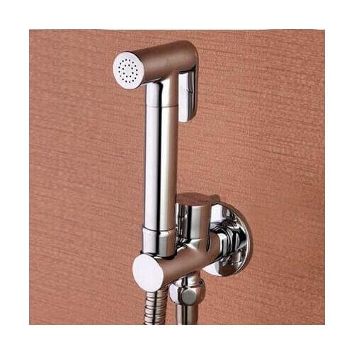 Copper bathroom bidet spray shower set chrome, Brass wall mounted toilet flushing device suit,Single hole bidet faucet valve set