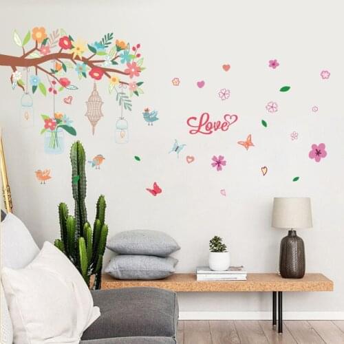 New Romantic Colorful Flower Branch Birdcage Wall Stickers Living Room Home Decoration Art Decals Kids Room Home Decor Murals
