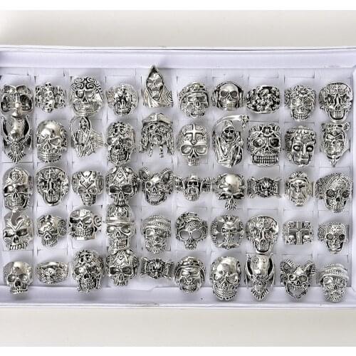 Wholesale 50pcs/Lots Vintage Silver Color Gothic Skull Punk Mix Style Biker Metal Jewelry Mens Rings Size 18mm to 21mm