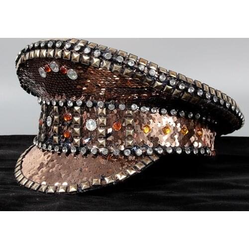 Luxury Women Men Military Hat Rhinestone Police Hat Handmade Sequin Burning Captain Hat Costume Cosplay Yacht Week Sergeant Hat