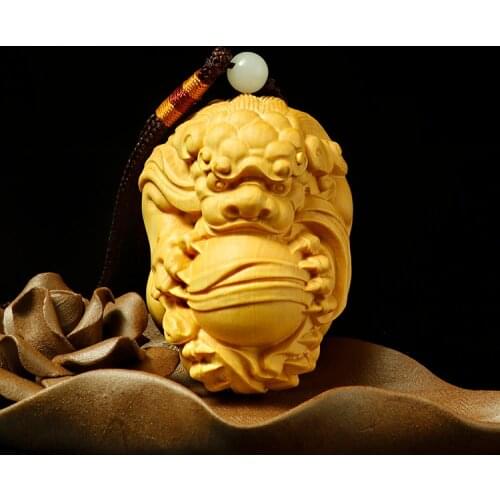 Boxwood 4-7cm Pixiu Lion Ball Sculpture Wood God Animal Statue Chinese Auspicious Beast Home Decor