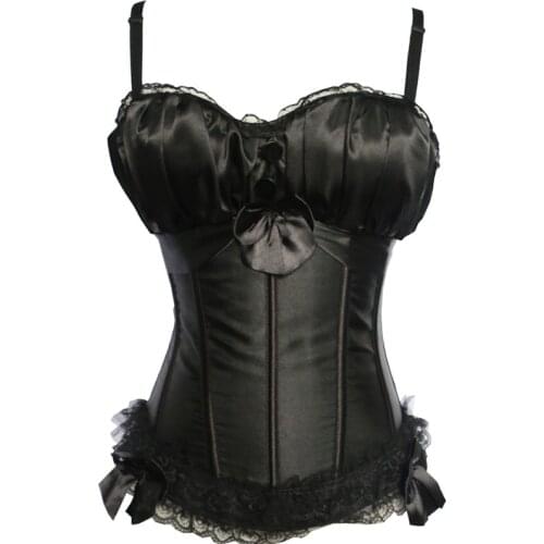 Sexy Satin Overbust Corset Strap Corsets Bustiers Top Lace Bowknot Decorated Clubwear Showgirl Body Shaper Plus Size Corselet