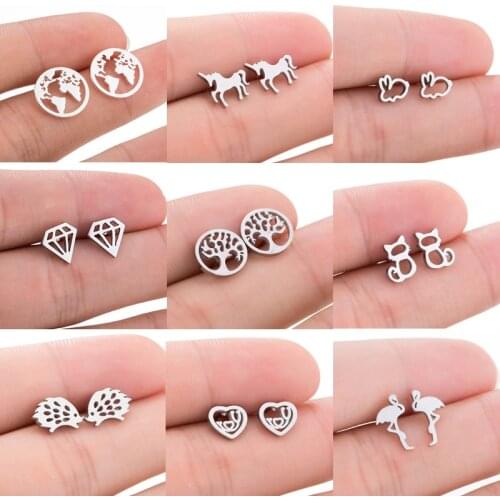 Jisensp Stainless Steel Cartoon Hedgehog Stud Earrings for Women Fashion World Map Earrings Jewelry Simple Animal Earings Gift