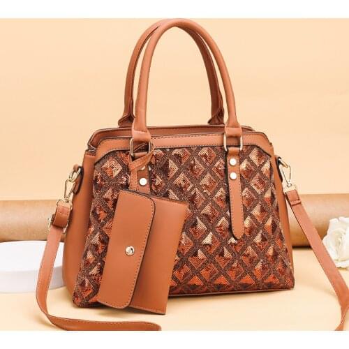 PU Leather Sequins Handbags for Women 2021 New Fashion lattice Casual Wide Shoulder Strap Messenger Bags Ladies Bucket Bag