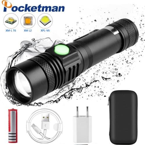 30000LM Super Bright LED Flashlight USB Charging Led Torch T6/L2/V6 Power Tips Zoomable Bicycle Light 18650 Lantern Camping Lamp