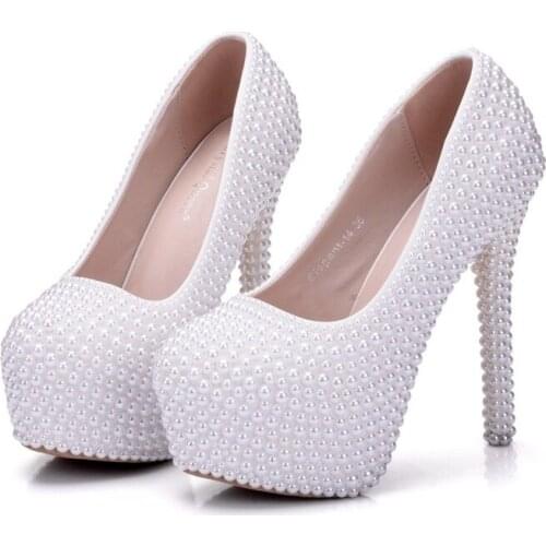 Designer women pumps wedding Party banquet PU Rhinestones Slip On 14CM Thin High Heels Round Toe women shoes size 35-42 white