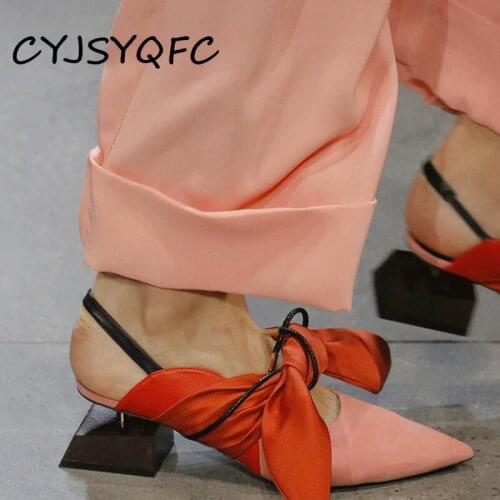 CYJSYQFC Fashion Square Wood Heel Women Pumps Genuine Leather Big Bowtie Slingback Shoes Sexy Pointed Toe Cross Tied Party Mules