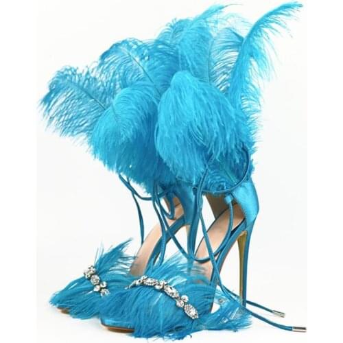 Bright Feather Encircled Sandals Bling Rhinestone Embellished Feather Straps Open Toe Mujer Dress Zapatos Bandage High Heels