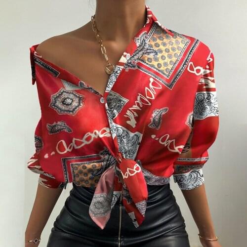 Long sleeve paisley 3D print vintage blouses shirts women Casual office ladies tops Button Up bow tie red tops blusas summer