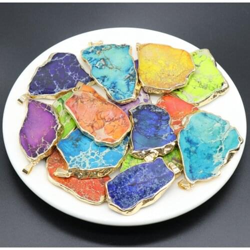Reiki Multi Colorful Turquoises Pendants Chakra Gold Color Slice Mineral Irregular Stone Imperial Jaspers Pendant Women Female