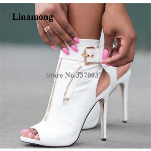 Women Elegant Fashion Peep Toe Suede Leather Stiletto Heel Short Gladiator Boots Zipper Decorated White High Heel Ankle Booties